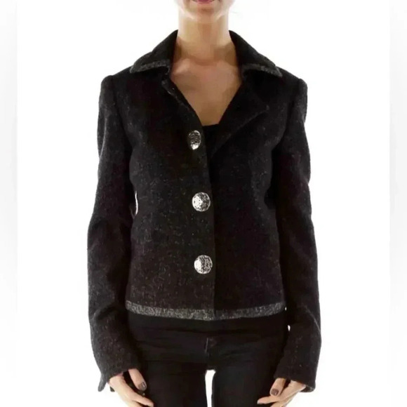 Elie Tahari Black Silver Buttoned Mottled Tweed Jacket - Picture 1 of 10